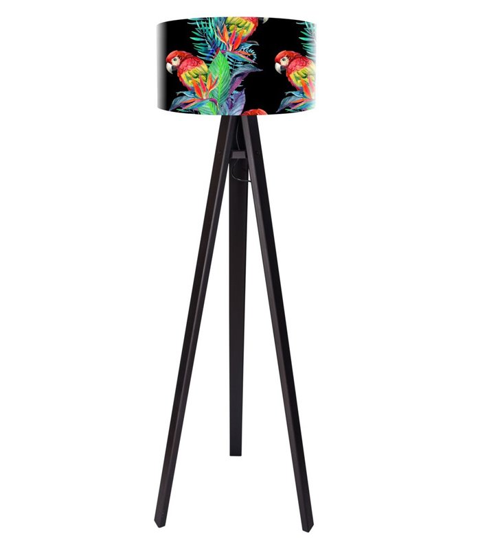 Czarna lampa podłogowa z drewnianymi nogami abażur z kolorowym nadrukiem Egzotyczna Papuga