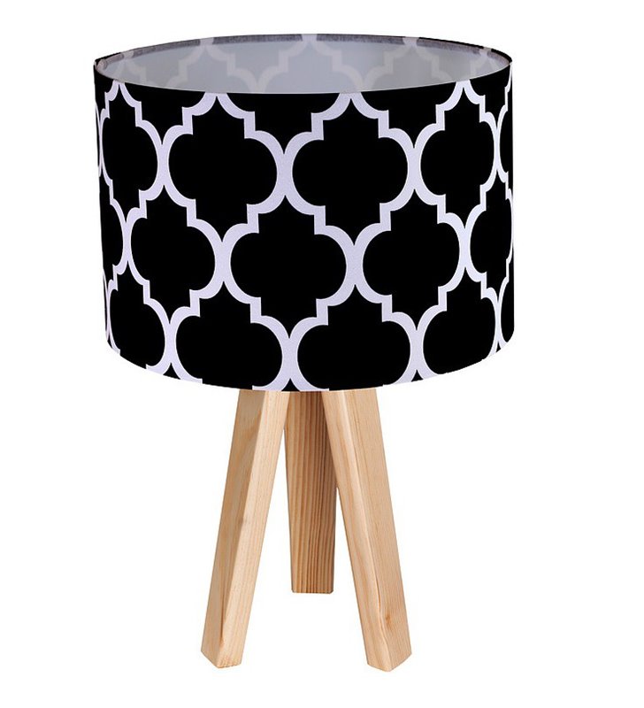 Lampa stołowa Trebol czarna abażur tekstylny wzór wzór koniczyna marokańska trójnóg biały lub sosnowy drewniany