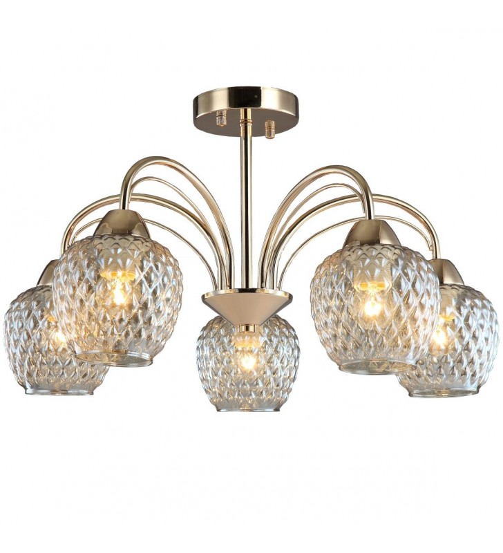 Lampa sufitowa krótki żyrandol Lant złoty 5 szklanych ozdobnych kloszy w dół do nowoczesnego i tradycyjnego wnętrza