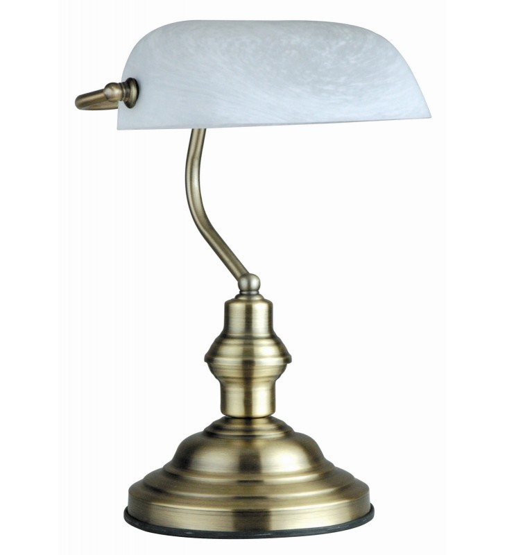 Lampa gabinetowa Antique tzw. bankierka podstawa patyna biały klosz żarówka 60W E27 - OD RĘKI
