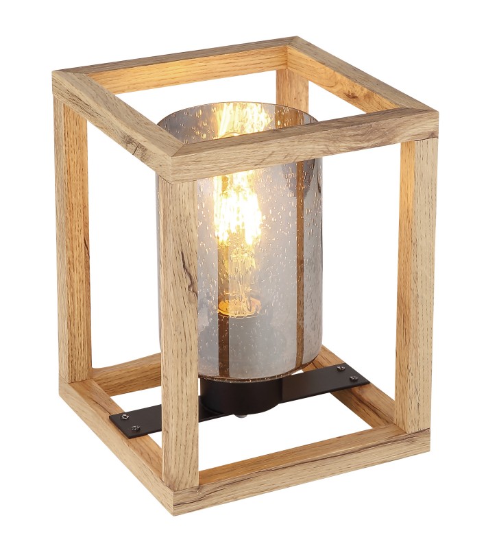 Niska kwadratowa drewniana lampa stołowa ze szklanym kloszem Pettey